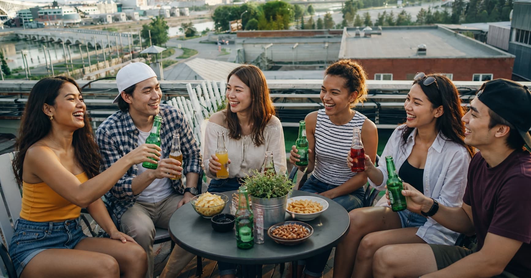 Filipino and Japanese friends hanging out on a Tokyo rooftop